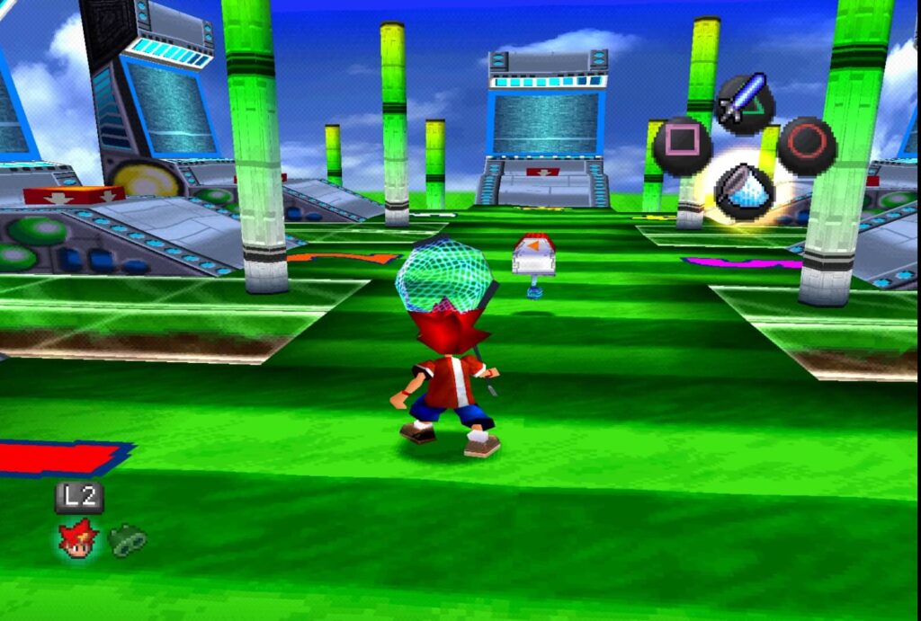 Ape Escape (1999) - Gameplay en tercera persona mostrando el diseño visual del juego